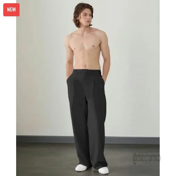 Men's Wide Leg Pleated Dress Pants Elastic Waist Wrinkle Resistant